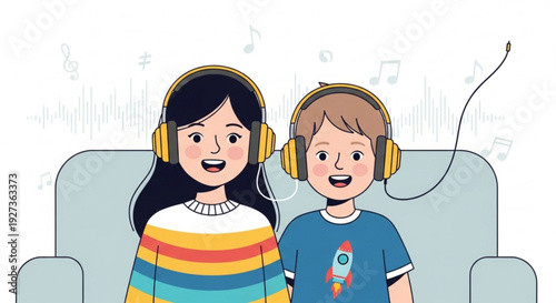 Two happy children wearing headphones sitting on a couch listening to music together