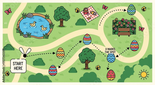 Easter egg hunt map with winding path and colorful eggs in a green landscape