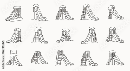 Collection of hand-drawn playground slides illustrations, various designs for children's parks, simple line art vector icons for games and entertainment.