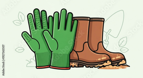 Green gardening gloves and brown rubber boots with mud on a light background with leaf outlines