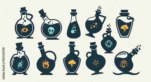 Mystical Potion Bottles Collection: Magic Elixirs with Symbols of Eye, Skull, Lightning, Stars