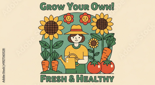 Person gardening with sunflowers carrots tomatoes and watering can promoting healthy fresh produce growth