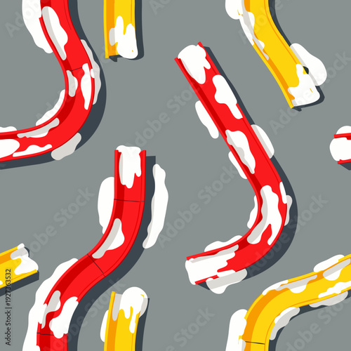 Vibrant seamless pattern of colorful red and yellow water slides with white foam splashes on a grey background, perfect for summer fun and playful designs.