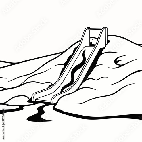Black and white line art illustration of a water slide in an outdoor park setting, depicting summer fun and recreational activities for children.