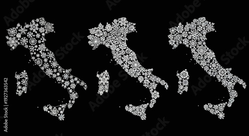 Italy Map Silhouette Filled with Snowflakes: Winter Travel and Climate Concept