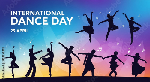 Silhouettes of dancers in various poses on international dance day april 29 with colorful background and music notes