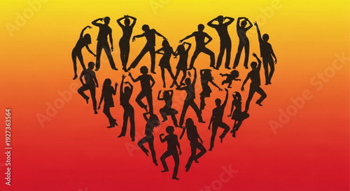 Diverse people silhouettes forming a heart shape on a vibrant gradient background symbolizing love and unity with dancing figures