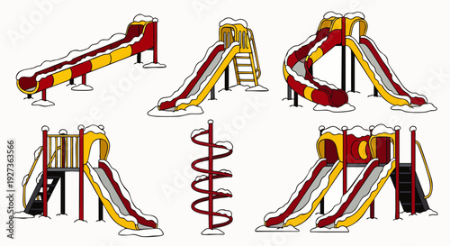 Collection of various colorful playground slides covered in fresh white snow, perfect for winter play, childhood memories, and outdoor fun.