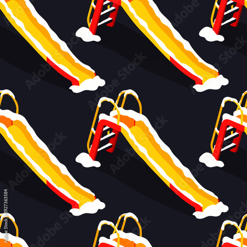 Seamless pattern of a vibrant yellow and red playground slide covered in fresh white snow on a dark background, perfect for winter children's themes and seasonal designs.