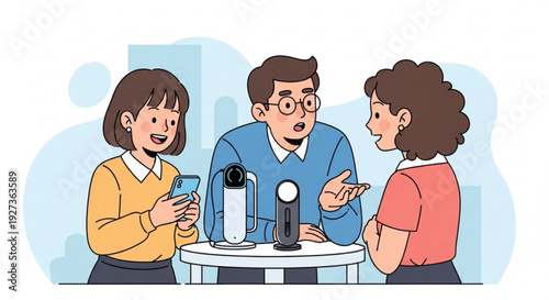 Three friends chatting at a table with microphones and a smartphone in a casual setting