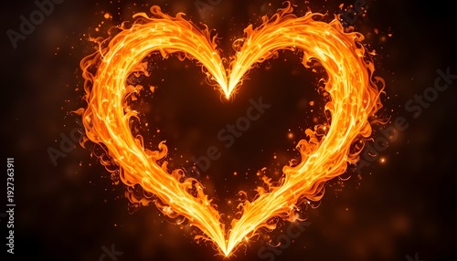“Burning Fire Heart with Glowing Flames on Dark Background, Passionate Love Symbol in Bright Orange Sparks, Romantic Valentine Concept, Intense Energy and Emotional Heat Abstract Illustration”