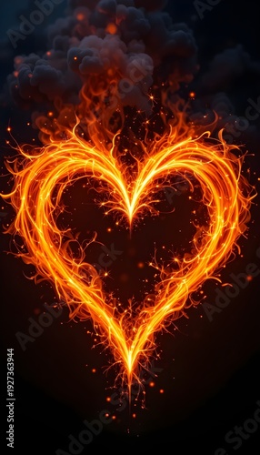 “Burning Fire Heart with Glowing Flames on Dark Background, Passionate Love Symbol in Bright Orange Sparks, Romantic Valentine Concept, Intense Energy and Emotional Heat Abstract Illustration”