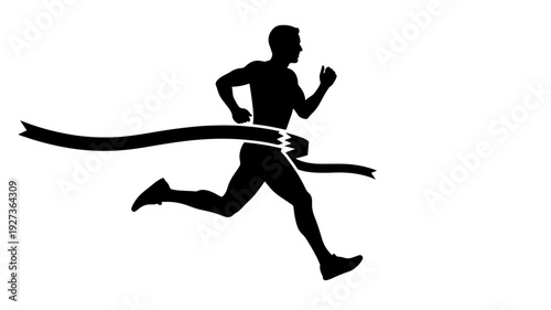 Silhouette of a runner crossing the finish line in dynamic motion with dramatic ribbon in black and for sports illustration Transparent Background