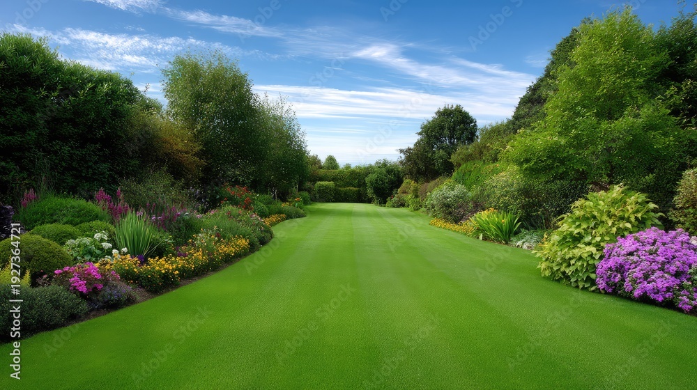 Fototapeta premium Lush Green Garden Pathway Surrounded by Vibrant Flower Beds and Dense Foliage Under a Bright Blue Sky with Soft Clouds in a Peaceful Landscape