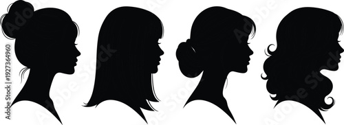 Collection of female profile silhouettes with different hairstyles isolated on white background for beauty fashion and salon concept