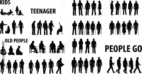 Comprehensive people silhouettes collection showing kids teenagers adults and old people walking and standing isolated on white background