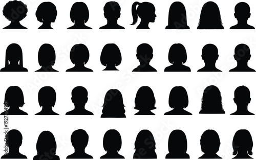 Large collection of male and female head silhouette avatars with different hairstyles isolated on white background for design