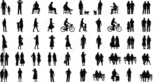 Collection of black people silhouettes showing family, couples, walking, sitting, cycling and daily life activities isolated on white background