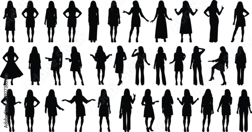 Large collection of standing women silhouette figures in various poses, full body female vector set isolated on white background