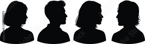 Collection of male and female profile silhouettes, side view head portraits vector illustration isolated on white background set