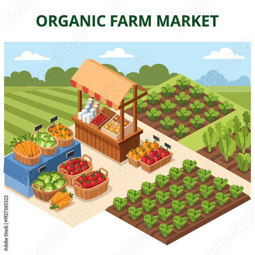 Vibrant Organic Farm Market with Fresh Produce and Crops.