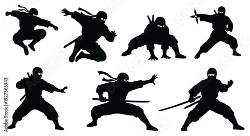 Ninja Silhouettes: Dynamic Poses of Warriors with Swords and Shurikens