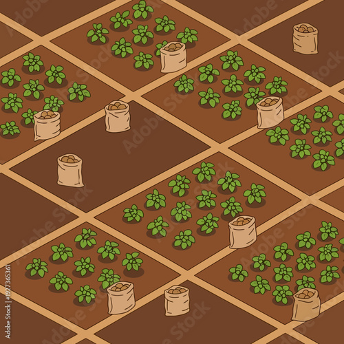 Isometric view of a farm field with crops and irrigation barrels.
