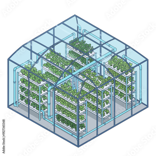 Modern hydroponic farm with multiple tiered growing systems.