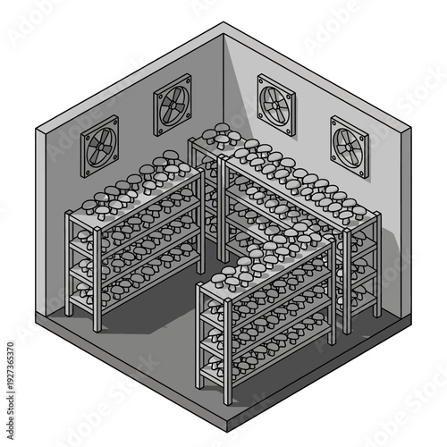 Isometric illustration of a storage room with shelving units and ventilation.