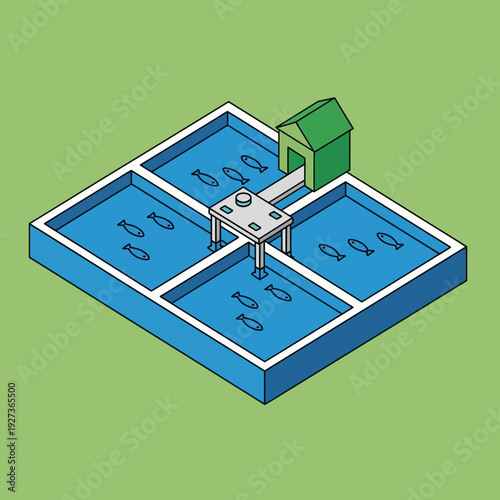 Isometric illustration of a fish farm with multiple ponds and a feeding system.