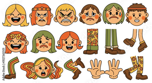 Retro 70s Cartoon Faces and Body Parts Expressing Emotions, Groovy Style