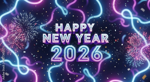 Wallpaper Mural Happy New Year 2026 text with swirling neon lights and fireworks in a dark, celebratory atmosphere Torontodigital.ca