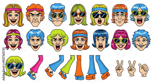 Retro 70s Hippie Characters Set: Faces, Legs, Hands - Vintage Style