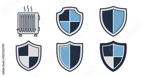 Radiator and Shields Icons: Heating, Protection, Security, Safety, Defense, Shield Symbol