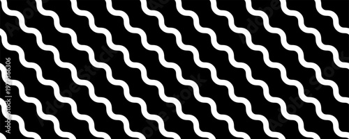 Seamless pattern of bold white wavy lines on a solid black background creating a high contrast
