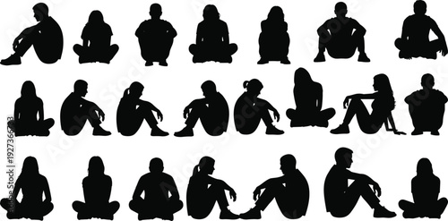People silhouettes sitting on floor in various relaxed and thoughtful poses isolated on white background for design use