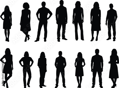 Men and women silhouettes in casual standing poses isolated on white background for graphic design and advertising projects