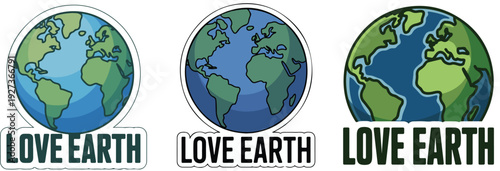 Earth globe illustrations with love earth text  eco friendly stickers  planet earth graphics  environmental awareness  green and blue earth