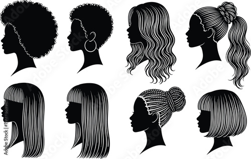 Collection of female silhouette hairstyles in profile view, diverse women haircuts and textures black vector illustration isolated on white