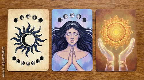 Mystical Tarot Cards: Moon Phases, Meditating Woman, and Sun Symbols for Spiritual Guidance & Inner Peace