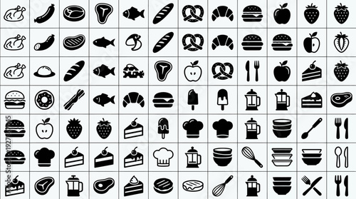Food & Kitchen Icons Set: Delicious Meals, Desserts, Drinks & Utensils - Modern Minimalist Graphic Elements for Restaurant, Menu, Recipe, Cooking Apps & Blogs
