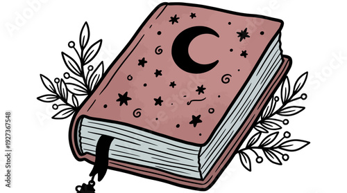 Magical Grimoire Book Illustration with Celestial Moon, Stars, and Botanical Elements - Mystical and Whimsical Design