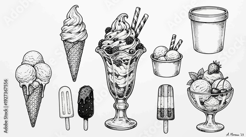 Vintage Engraved Ice Cream & Frozen Desserts Collection: Hand-Drawn Cones, Sundaes, Popsicles Art Set