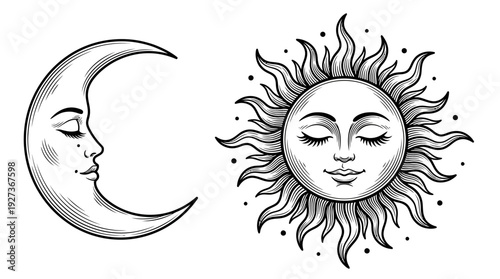 Vintage Engraved Sun and Moon Faces Illustration. Celestial Duo, Mystical Esoteric Design. Day and Night Symbolism Artwork