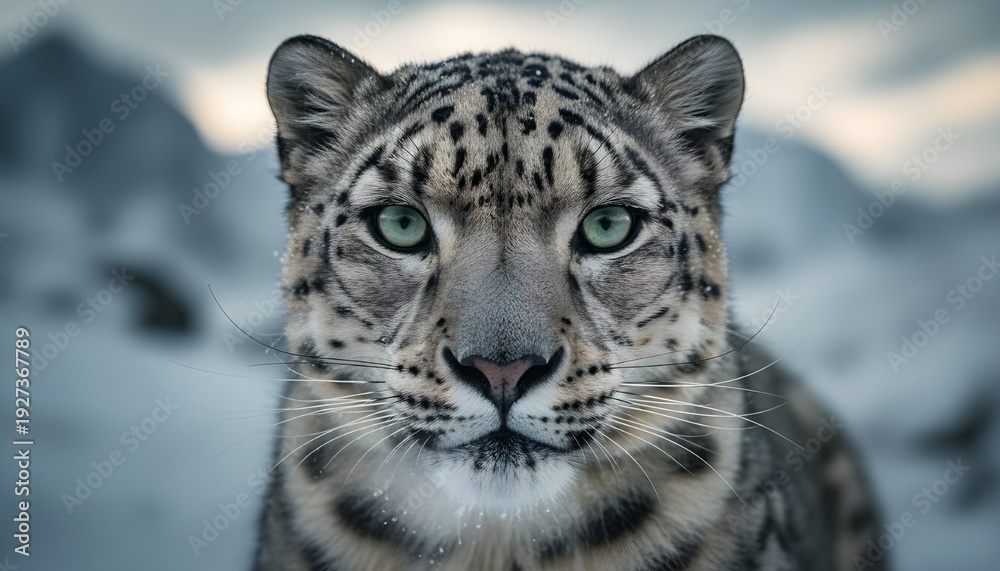 Fototapeta premium Close-up Portrait of a Snow Leopard in Snowy Mountains