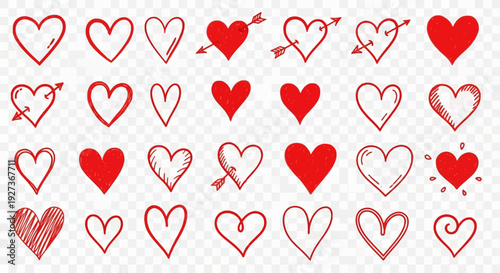 Red Hearts Collection: Hand Drawn Icons, Symbols of Love and Romance