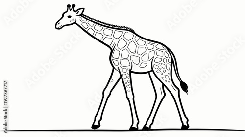 Simple black and white illustration of a giraffe walking.