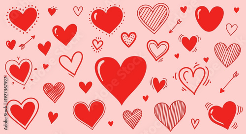 Red Hearts Pattern, Valentine's Day, Love Symbols, Romantic Background, Cute Doodle Hearts