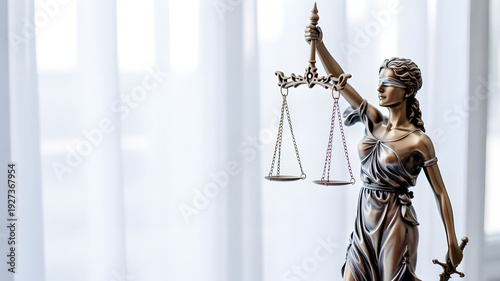 Themis statue holding scales of justice in a bright room with white curtains and natural light
