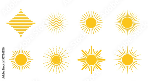 Set of Yellow Sun Icons, Abstract Sunburst Symbols, Graphic Elements for Design